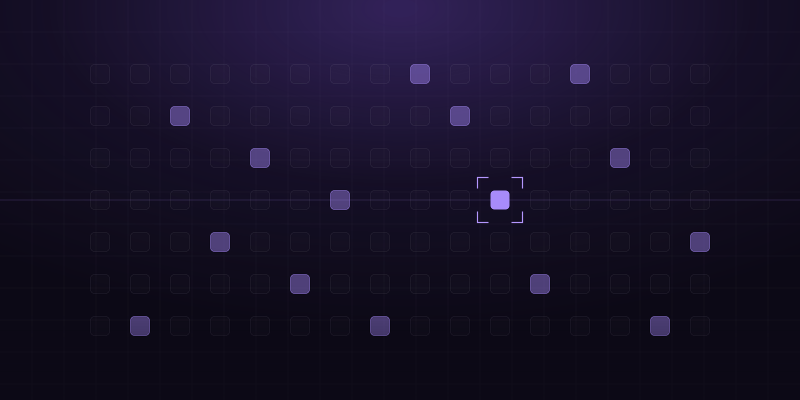 A grid of faint squares with several highlighted in purple and one framed by a selection reticle, representing a qualified subcontractor picked out of a wide field of candidates.