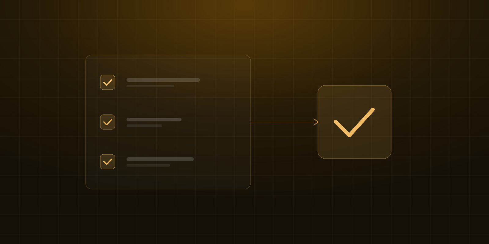 Three checked evidence rows connected to an accepted delivery package, drawn in amber on a dark grid.